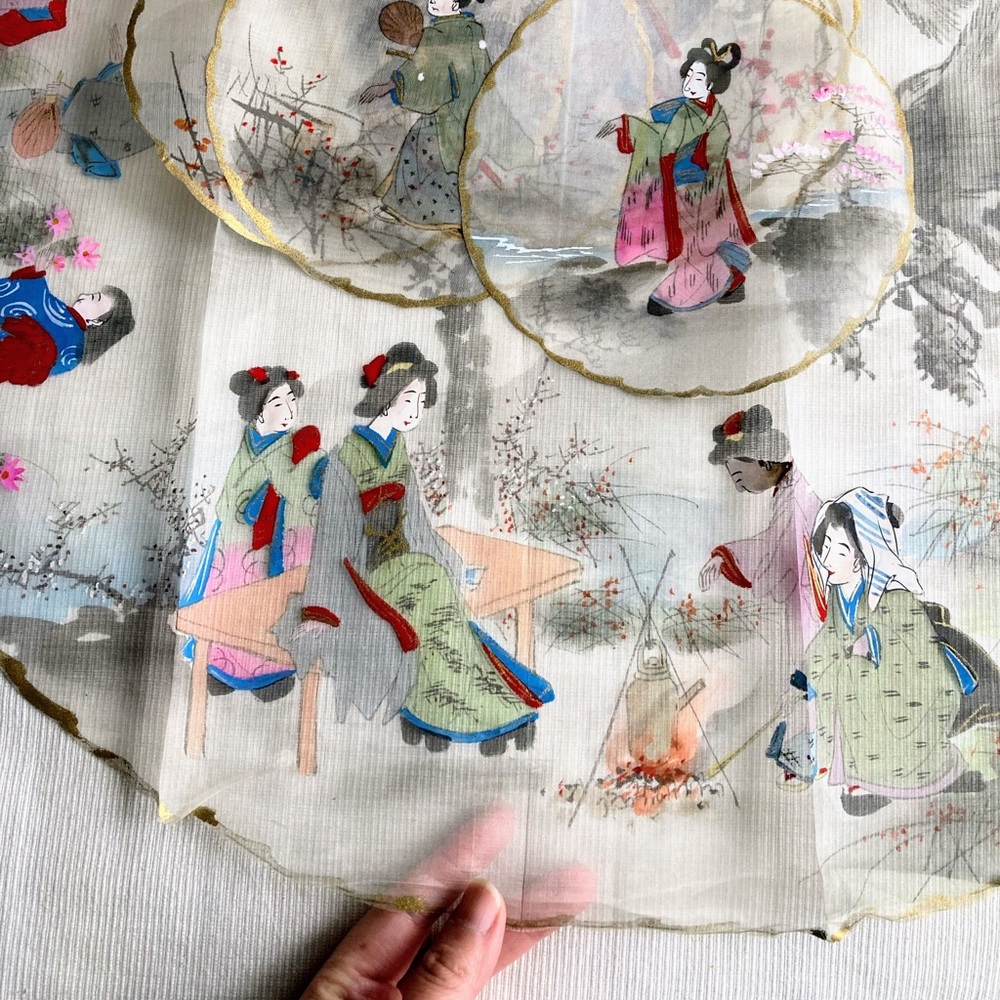 Vintage Set of Traditional Japanese Hand Painted Silks for fans 1 Large 9 Small - Picture 2 of 16